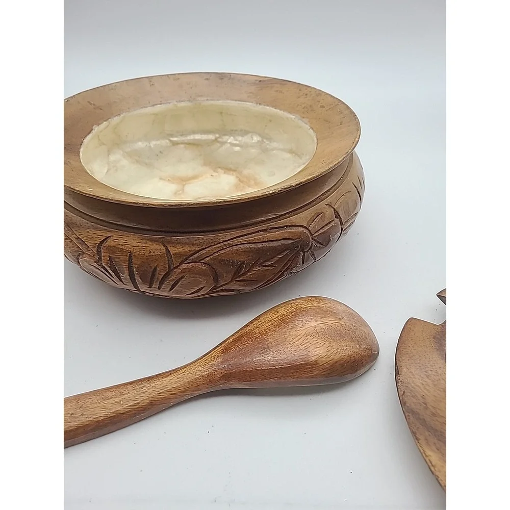 Wooden Serving Bowl Hand Carved- Lid Mother Of Pearl Like Inlay 11